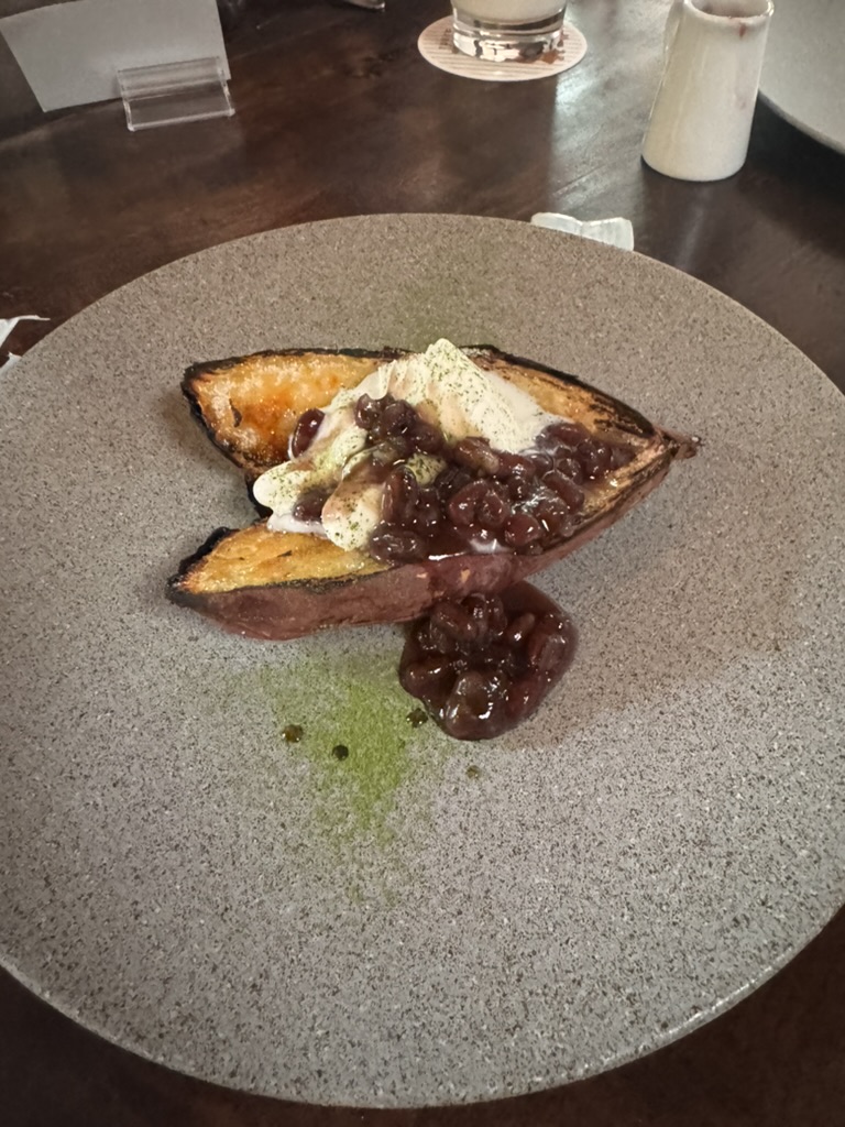 fancy lunch near ueno park - sweet potato dessert with azuki beans and matcha powder. christina's getting SERIOUS about food photos.