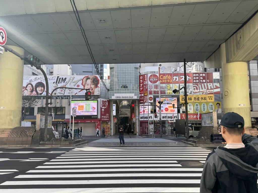 daniel checking out the iconic zebra crossing leading into namba's entertainment district - those billboards are EVERYWHERE in this part of osaka