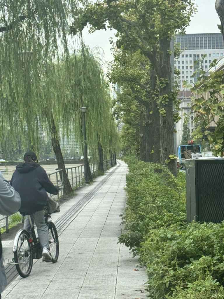 morning bike ride along the willow-lined path near hibiya park. christina caught this quiet moment in chiyoda before the crowds hit.