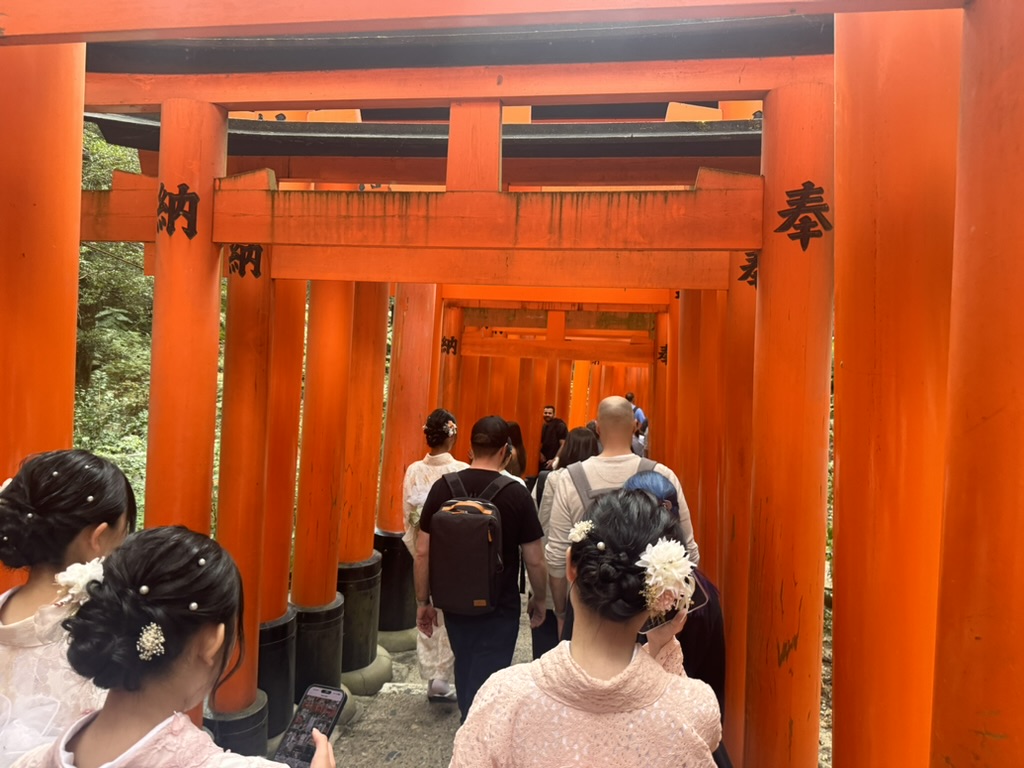 walking through the iconic orange torii gates at fushimi inari shrine, we kept getting stuck behind groups of tourists in traditional kimono rentals