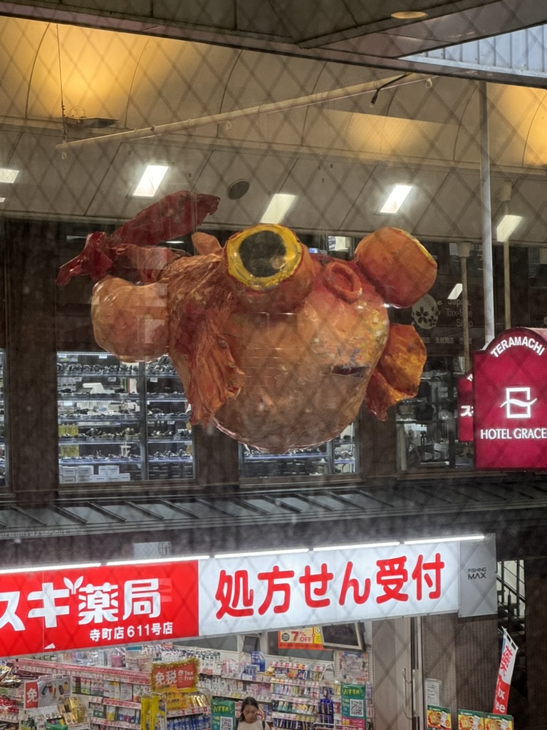 christina spotted this GIANT pufferfish display hanging over a pharmacy in kyoto's teramachi shopping arcade