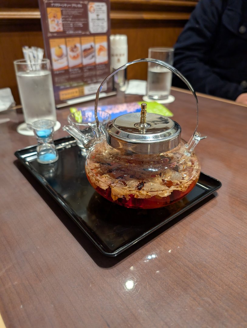 taking a tea break at this cute cafe in shinjuku - check out this FANCY timer they use for steeping