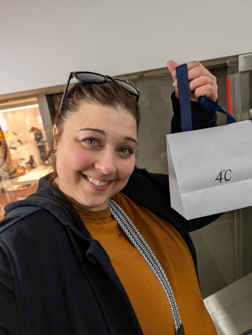 ashley showing off her haul from 4°c, a FANCY japanese jewelry chain in shinjuku. chuck says she deserves it