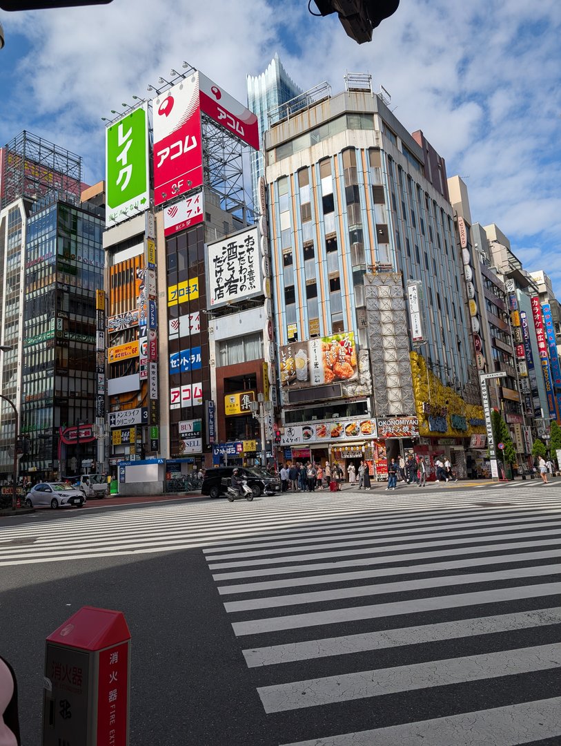 classic shinjuku street scene with those MASSIVE billboards and zebra crossings that tokyo does so well. chuck caught this during our first afternoon exploring the neighborhood.