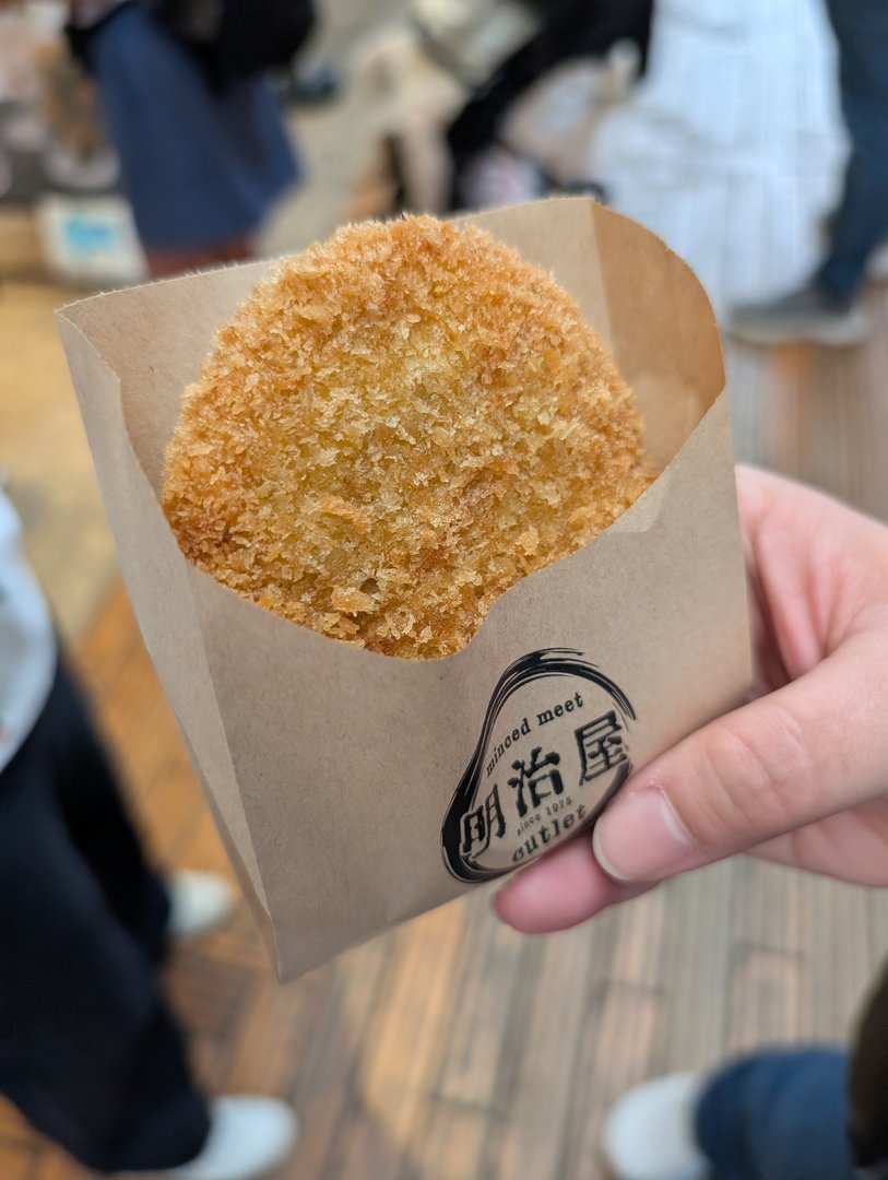 chuck grabbed this PERFECT menchikatsu from a tiny shop near sensoji temple. the crispy panko crust was still hot from the fryer.