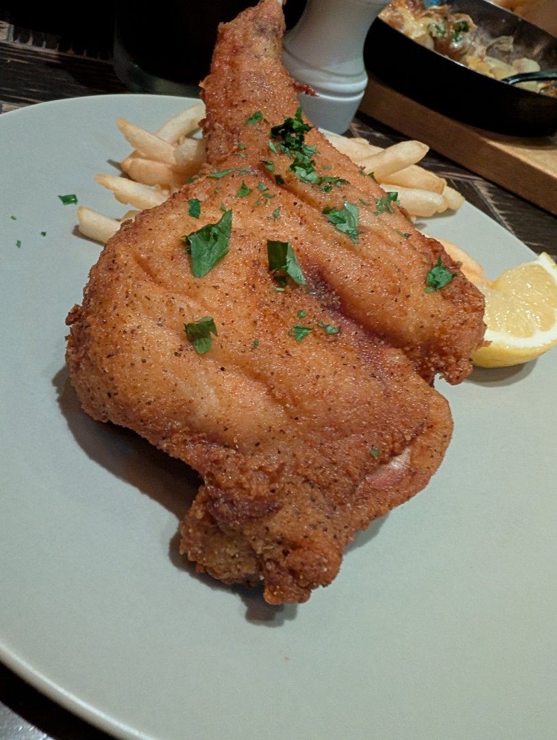 late dinner in shibuya - chuck's first taste of REAL japanese chicken katsu. ashley says the french fries were an unexpected but welcome addition.