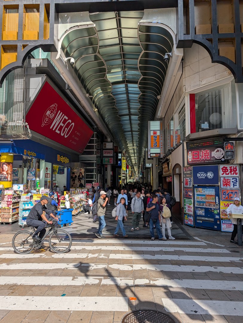 morning shopping run through the PACKED shoutengai in osaka's dotonbori district - these covered shopping arcades are everywhere and they're basically weather-proof malls