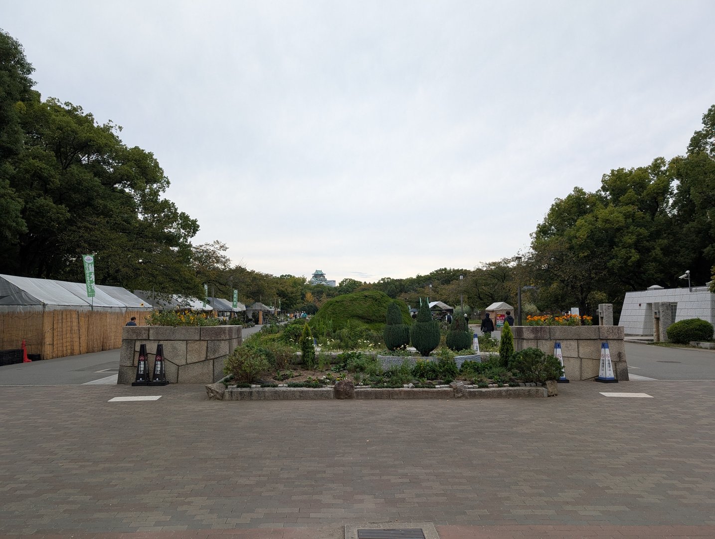 early morning walk through osaka castle park grounds - you can spot the castle tower peeking through the trees in the distance