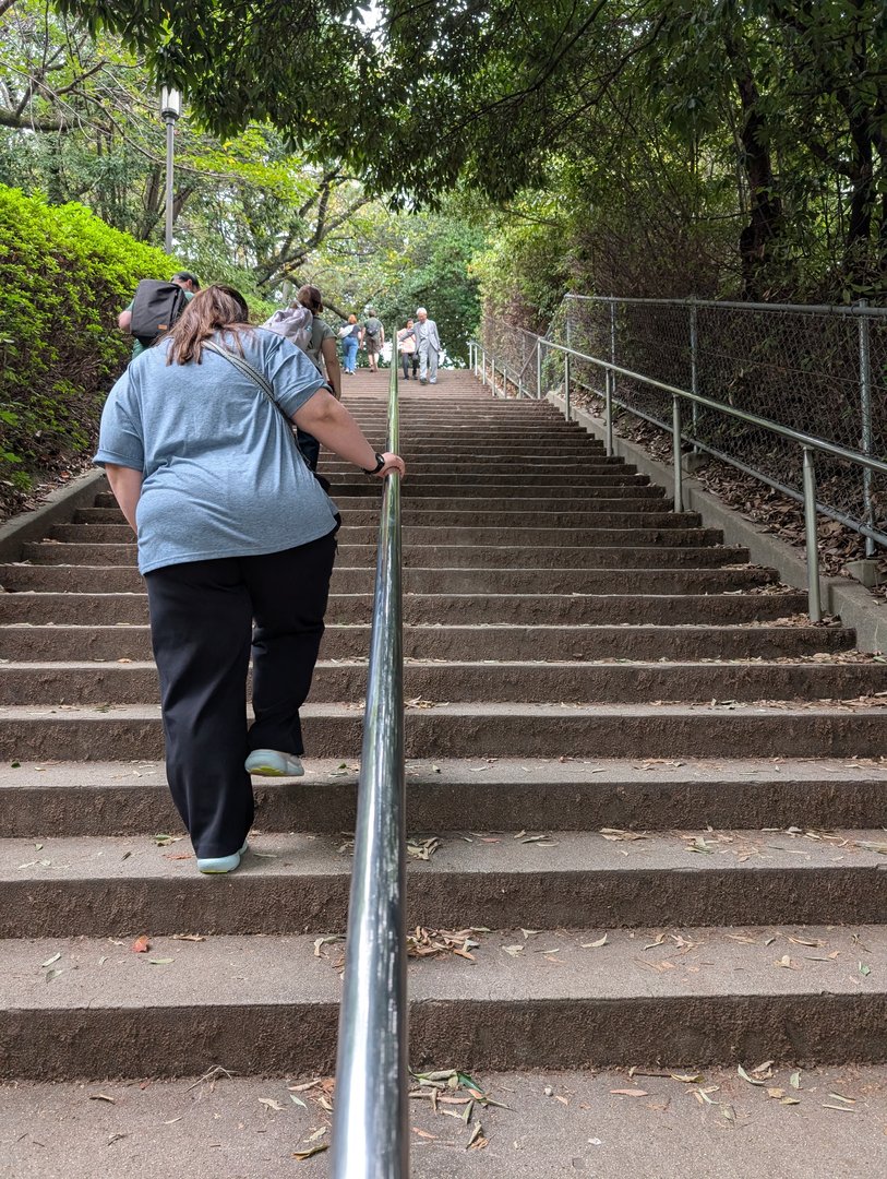 ashley tackling the ENDLESS stairs up to osaka castle on a humid morning. these steps are no joke