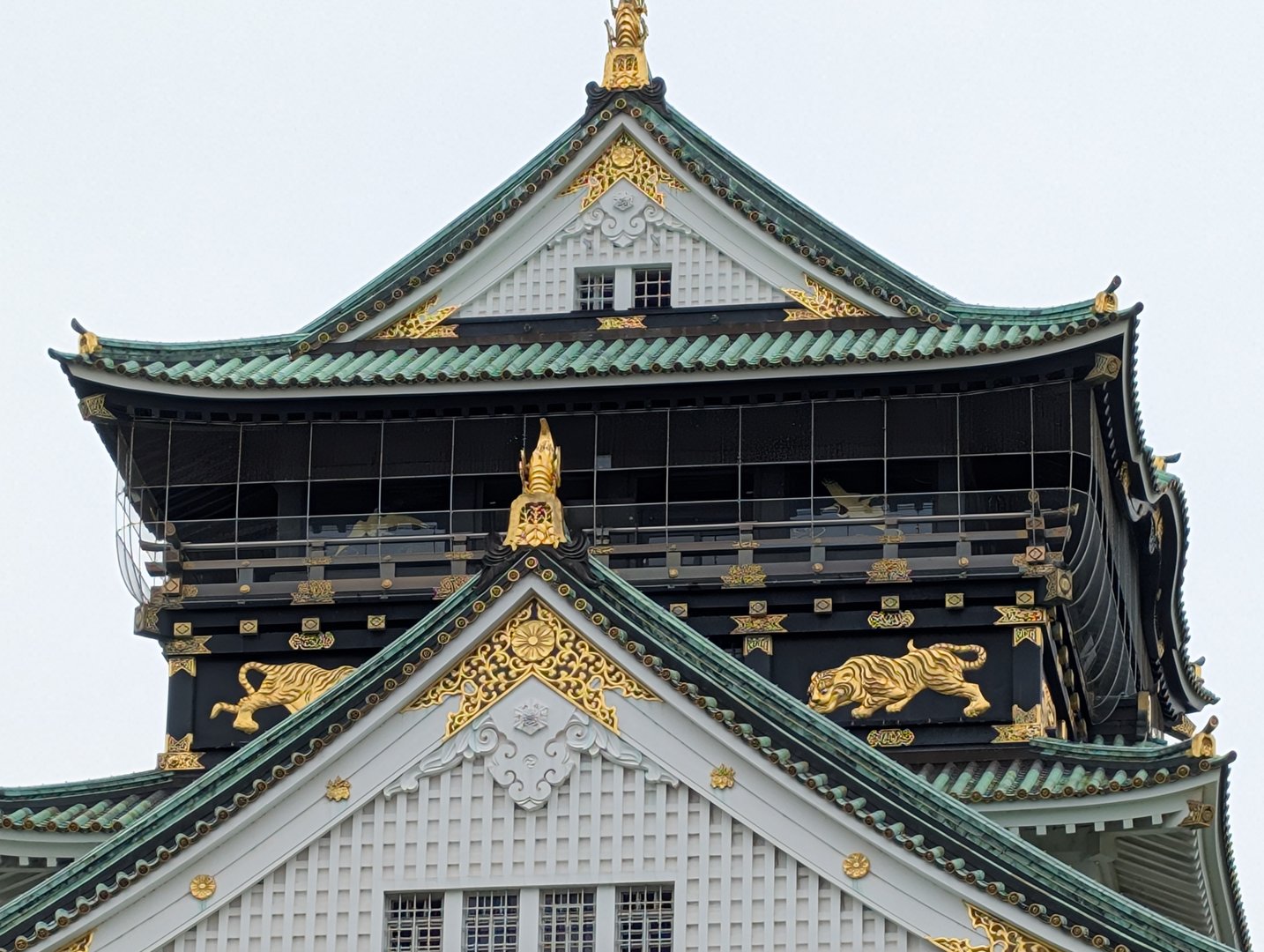 early morning detail shot of osaka castle's iconic roof - those gold tigers are WAY more impressive up close than i expected