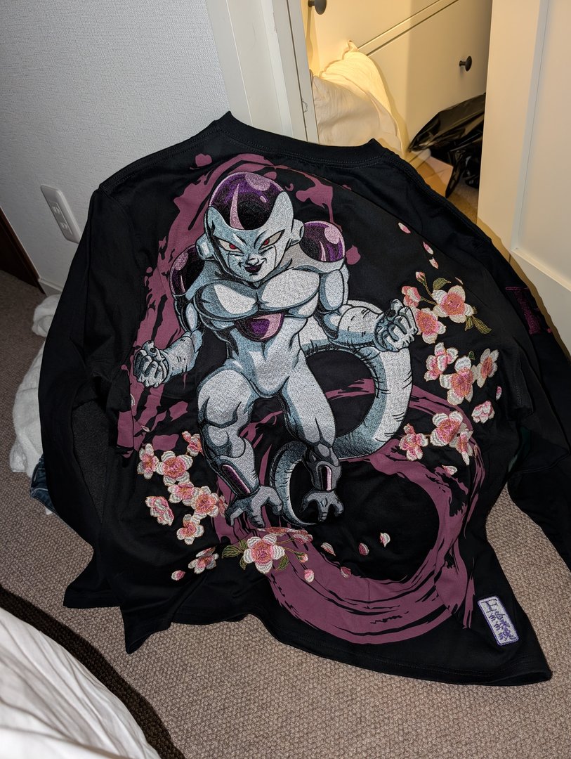 chuck's late-night find from the anime shops in shinjuku - a SICK dragon ball freezer shirt with cherry blossoms