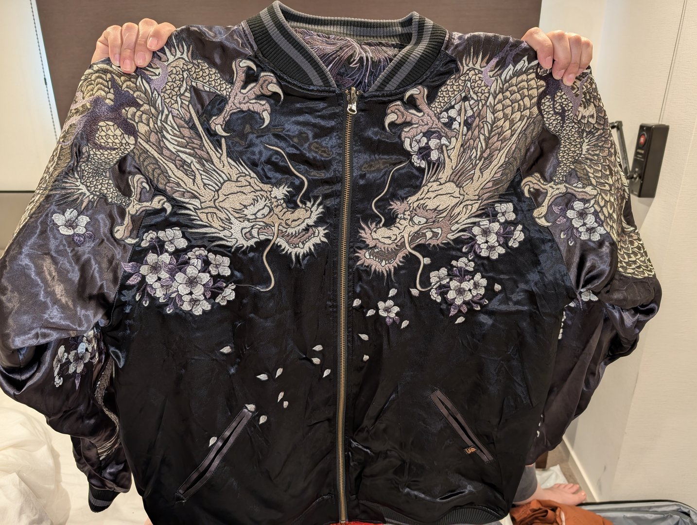 ashley's EPIC find at a vintage shop in shinjuku - a silk sukajan with these INSANE dragon embroidery details