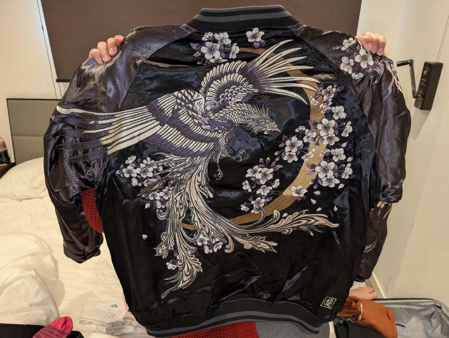 ashley's EPIC find from the vintage shops in shinjuku - a silk sukajan with the most detailed phoenix embroidery we've seen