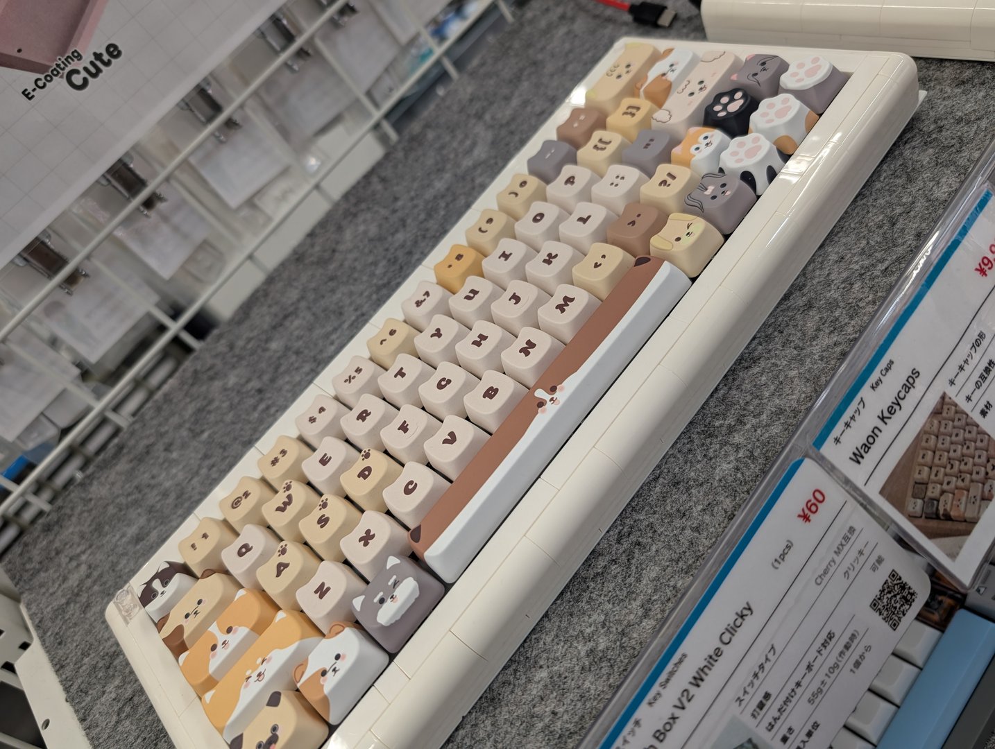 chuck found this ADORABLE mechanical keyboard with kawaii keycaps while exploring akihabara's tech shops