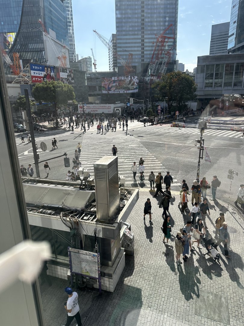 dan got this bird's-eye view of the FAMOUS shibuya crossing from starbucks - way less chaotic than expected at 10am on a sunday