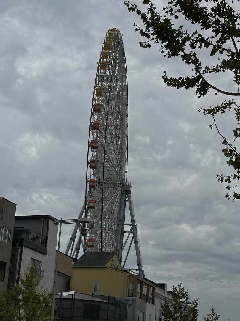 moody afternoon shot of the MASSIVE tempozan ferris wheel towering over osaka's port area. dan's getting pretty good with these dramatic angles.