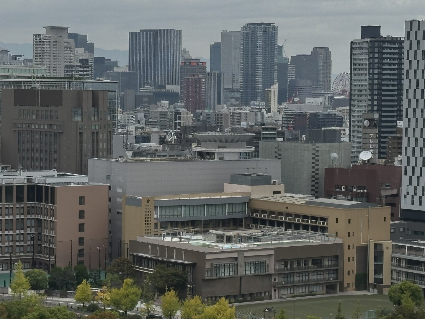 morning view from osaka castle park, with the MASSIVE osaka skyline stretching out to the horizon. you can spot the iconic HEP FIVE ferris wheel peeking through the skyscrapers