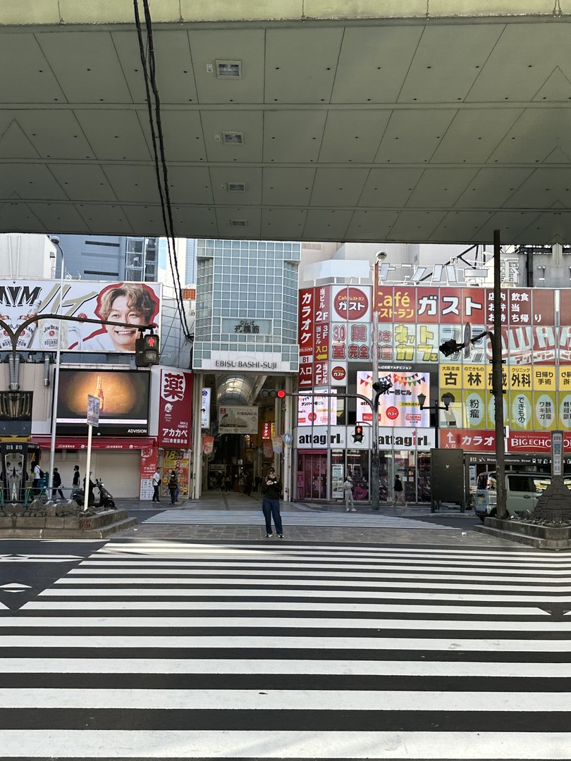 early morning in osaka's namba district - christina checking out the iconic zebra crossing while dan snaps pics of the WILD mix of signage and storefronts