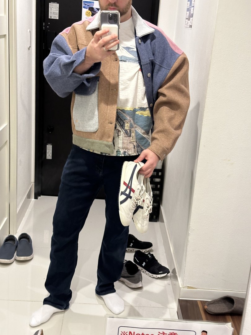 dan showing off his new onitsuka tigers and that SWEET vintage japanese denim jacket he scored at hundred story in shinjuku