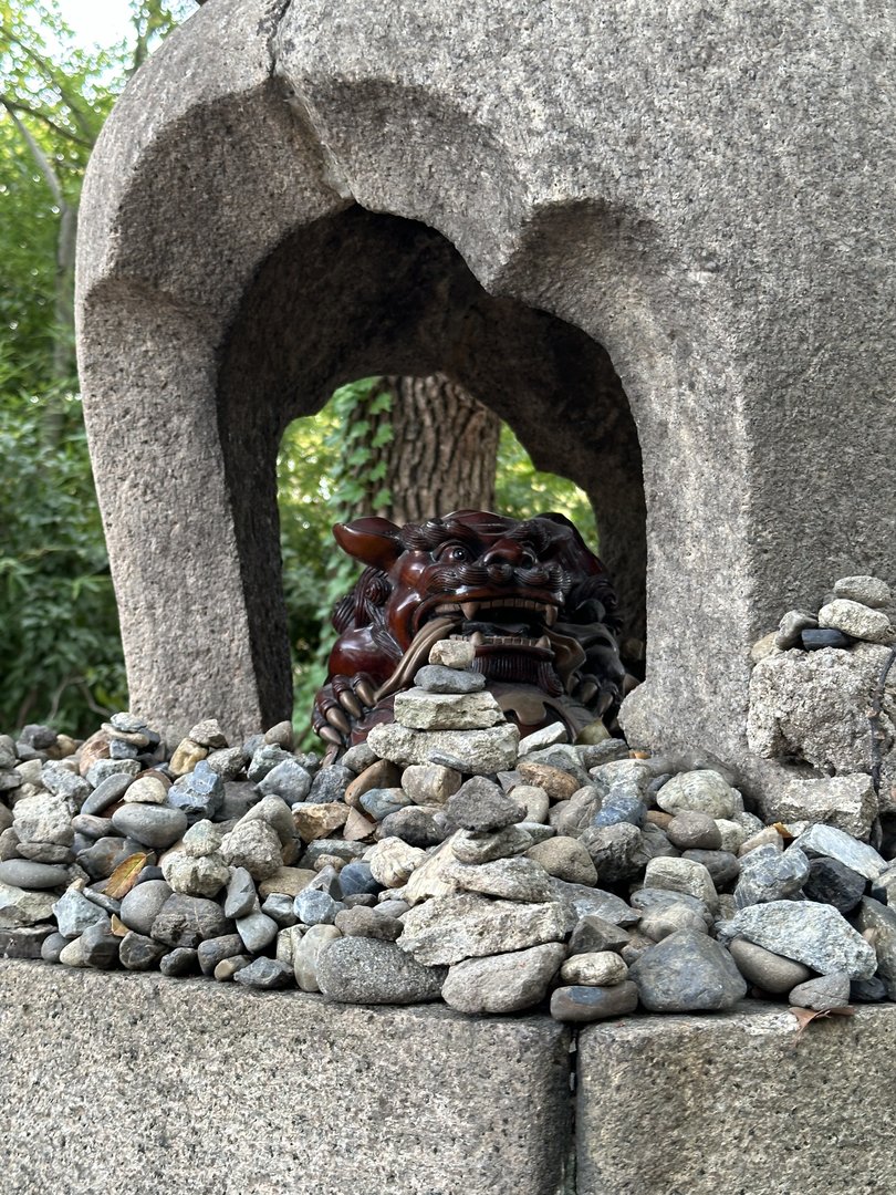 spotted this cool shishi guardian lion peeking out from behind a pile of wish stones near osaka castle. these little rock stacks are everywhere - each one represents someone's hopes and dreams