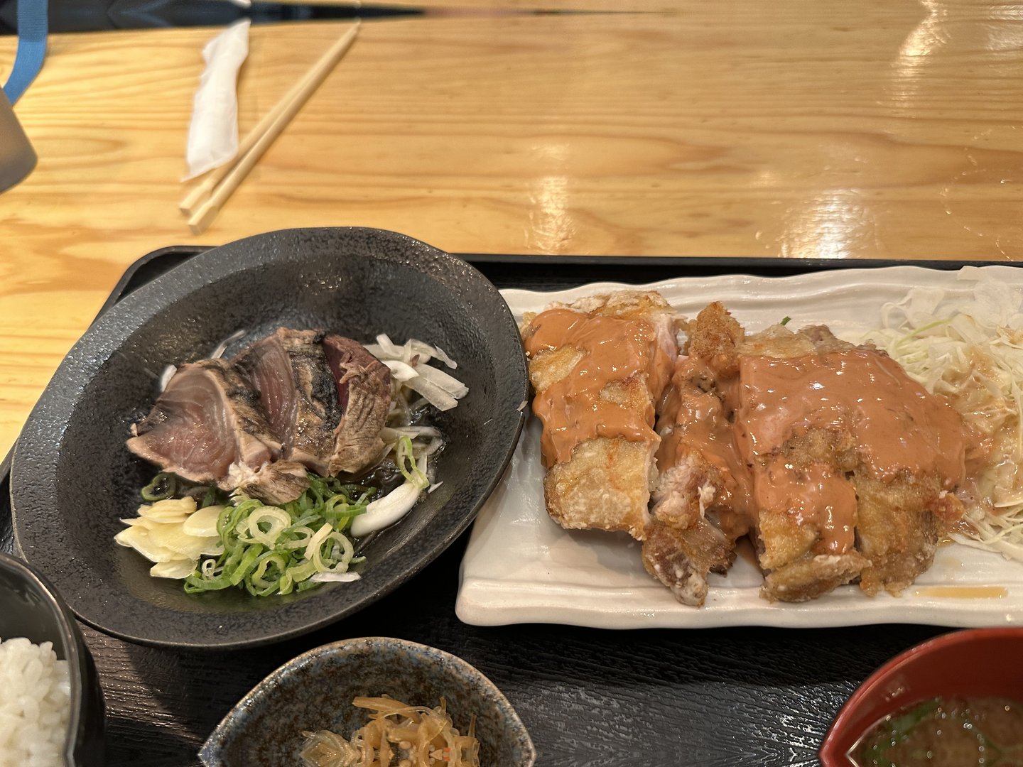 lunch near umeda station - dan's first taste of REAL karaage and bonito sashimi. way better than anything we get back home.