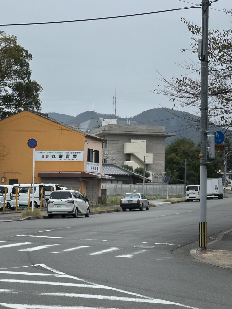 wandering through the kitano district of kyoto, caught this glimpse of the mountains behind a local pharmacy - the japanese text on that yellow building reads "marueiyaku" (a drugstore chain)