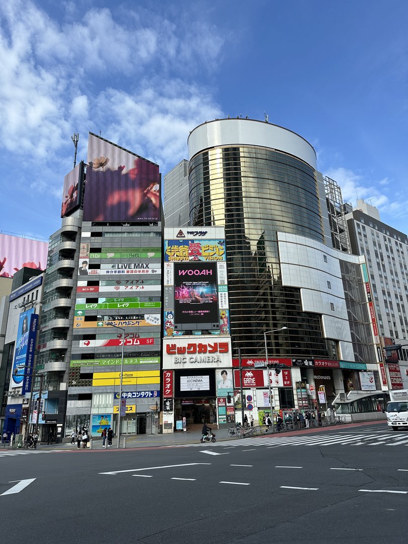 morning shot of the iconic bic camera building in shibuya - these electronics megastores are basically a rite of passage for tokyo tourists